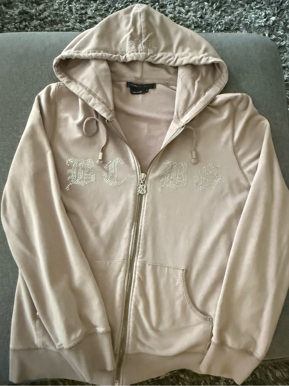 Vintage Y2K BCBGMAXAZRIA Rhinestone Zip Up Hoodie Beige Large Excellent